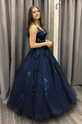 Ball Gown V-Neck Dark Blue Long Prom Dress, Lace Applique Tulle Formal Dress